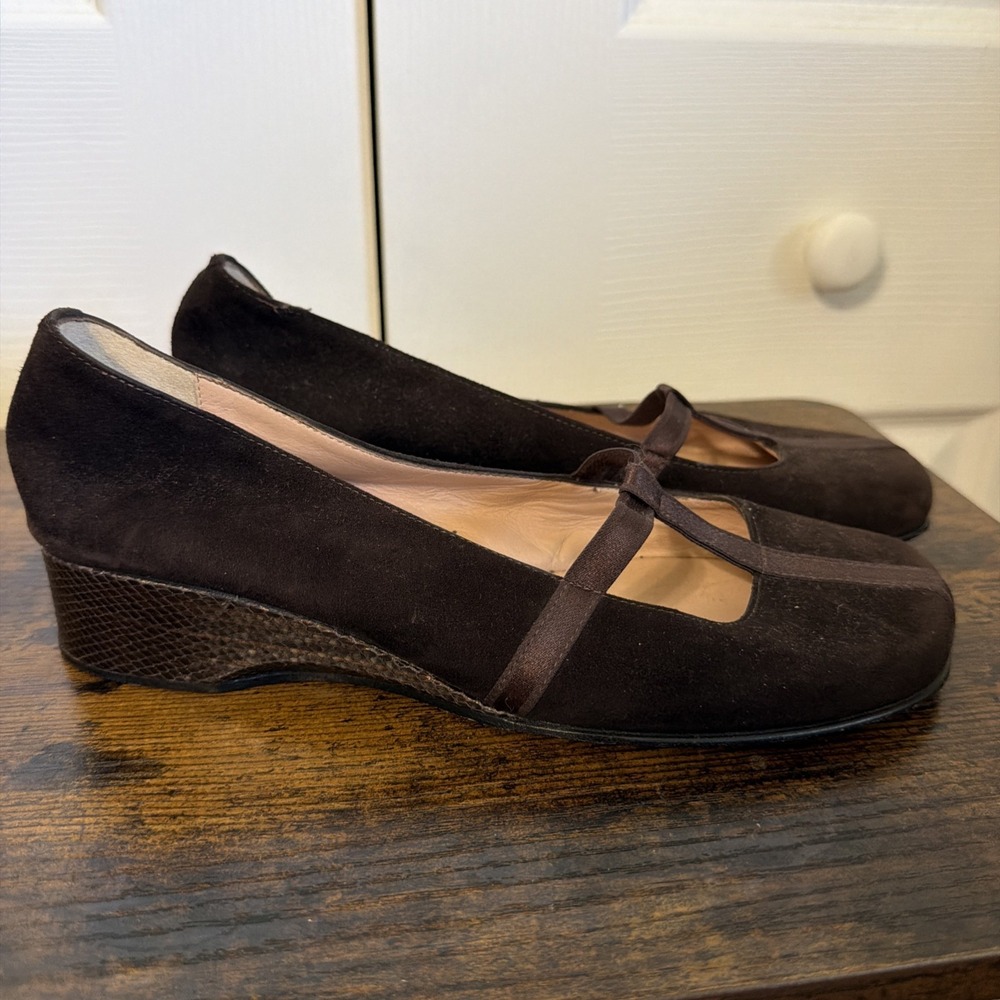 ANYI LU *Handmade in Italy* Brown Suede T-Strap Mary Jane Slip-On EU 37.5